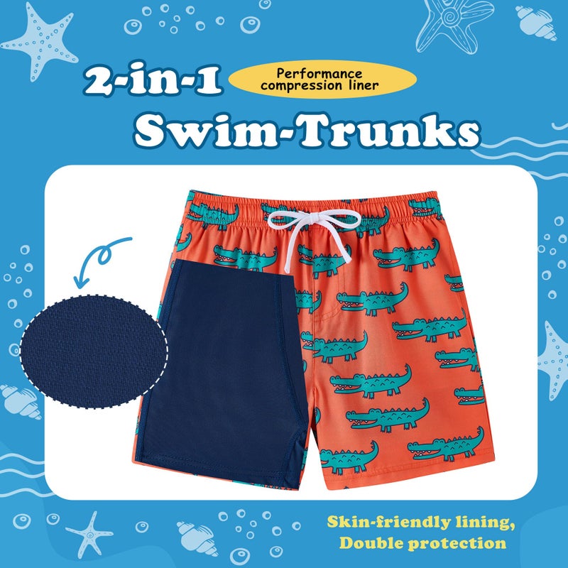 UMELOK Boys Swim Trunks Swimsuit Compression Liner Stretch Swim Shorts Boxer Brief 2 in 1 Quick Dry Swimming Trunks Beach Shorts Orange Crocodile 8 - Image 2