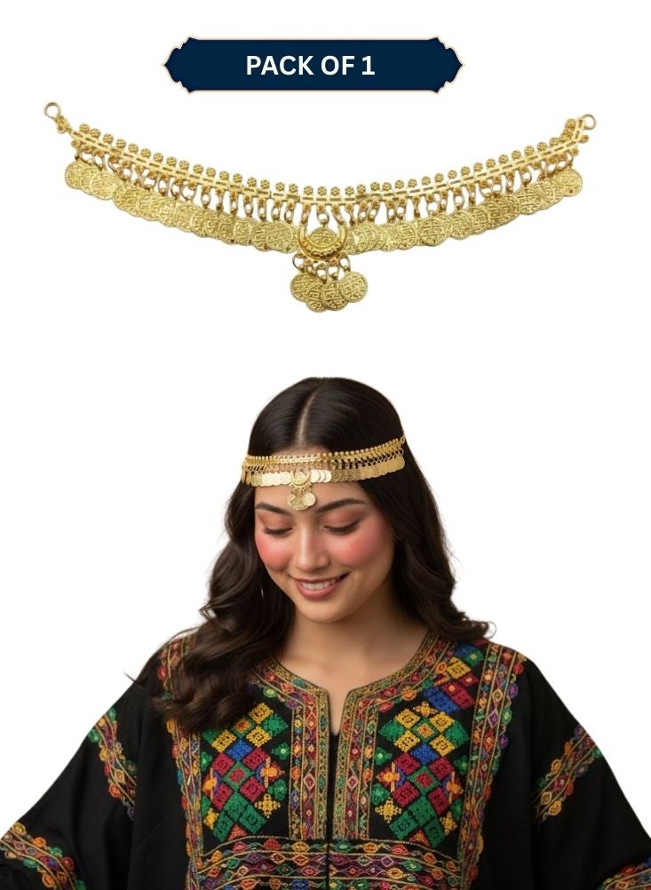ARFA Asiri Traditional Gold Head Jewelry for Women – Saudi Foundation Day Heritage Headpiece with Coin Detailing, Classic Asiri Hair Ornament to Style with Jalabiya and Cultural Dresses (Pack of 1) - Image 1