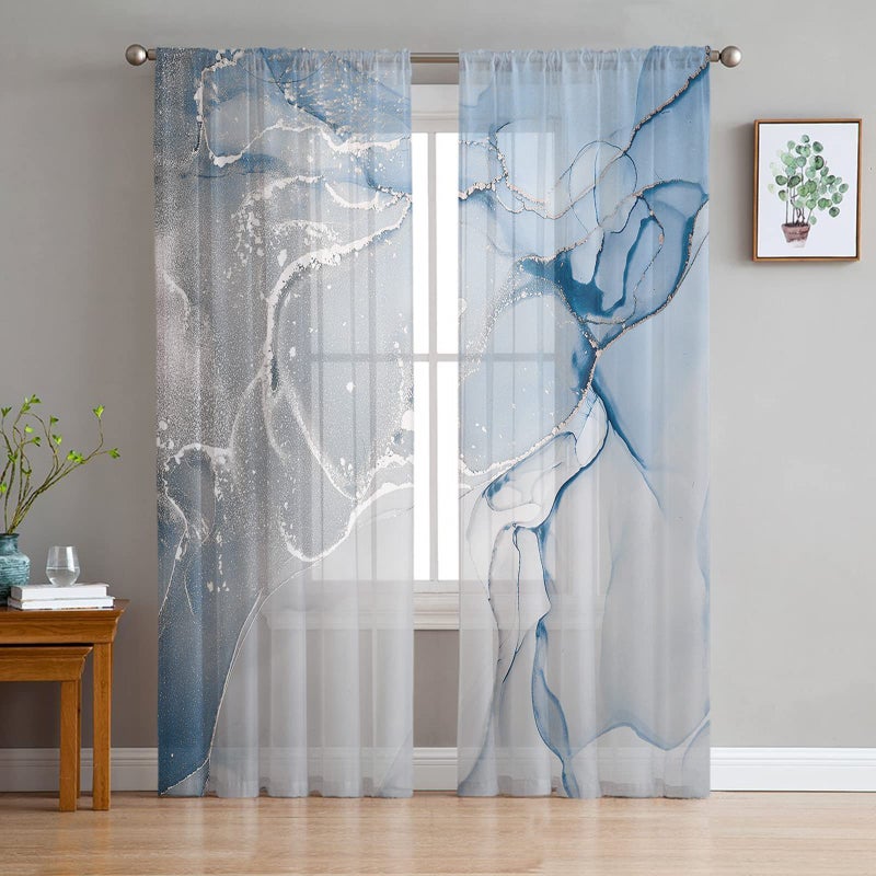 Blue Marble Sheer Curtains 84 Inch Length 2 Panels Set for Living RoomBedroom Blue Grey Stripes Marble Texture Nature Tone Semi Curtain Sheers Drapes Rod Pocket Curtains Window Treatment Set
