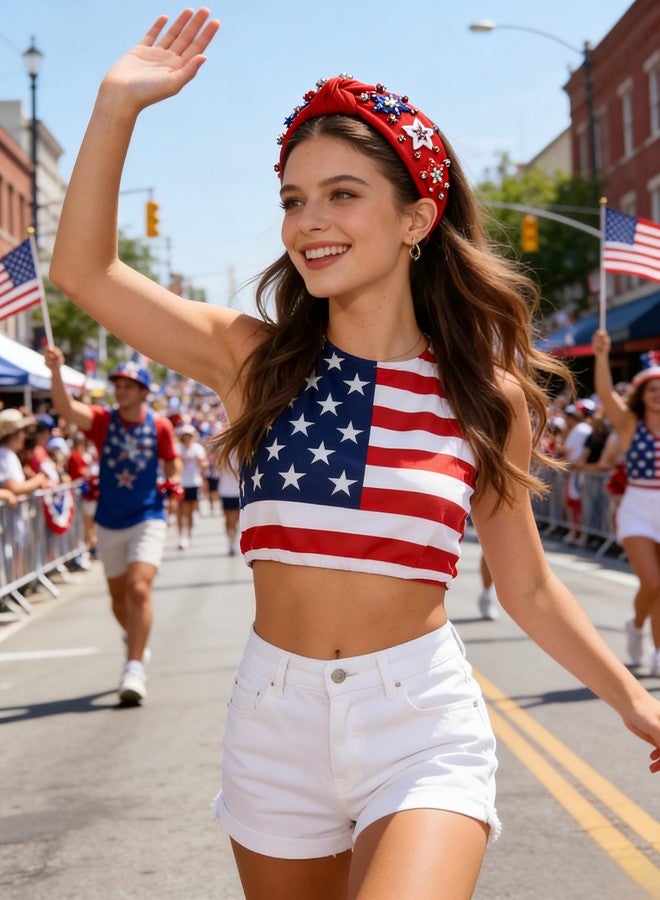 boderier 4th of July Headband Beaded Star Headband Jeweled Crystal Embellished Knotted USA American Flag Independence Day Patriotic Holiday Acessories - Image 3