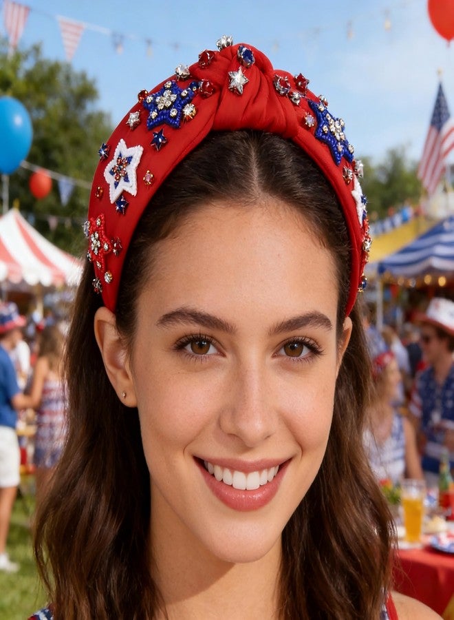 boderier 4th of July Headband Beaded Star Headband Jeweled Crystal Embellished Knotted USA American Flag Independence Day Patriotic Holiday Acessories - Image 2