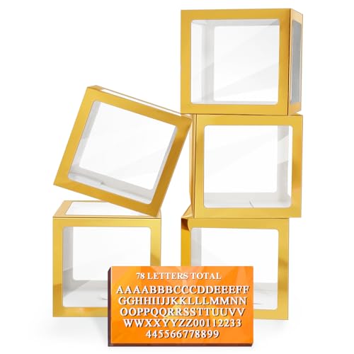 Ledido Gold Transparent Balloon Boxes With 78 Letters Baby Boxes with Letters for Baby Shower Clear Letter Boxes for Party Graduation Wedding Birthday Baby Shower Decorations 5 PCS - Image 1