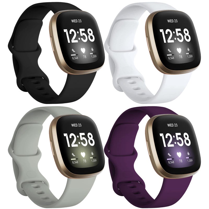 Dirrelo 4 Pack Bands Compatible with Fitbit Versa 3 / Sense, Soft TPU Sport Strap Replacement Smartwatch Wristband for Women Men Colorfull Accessories, Large, Black White Gray Modena - Image 1