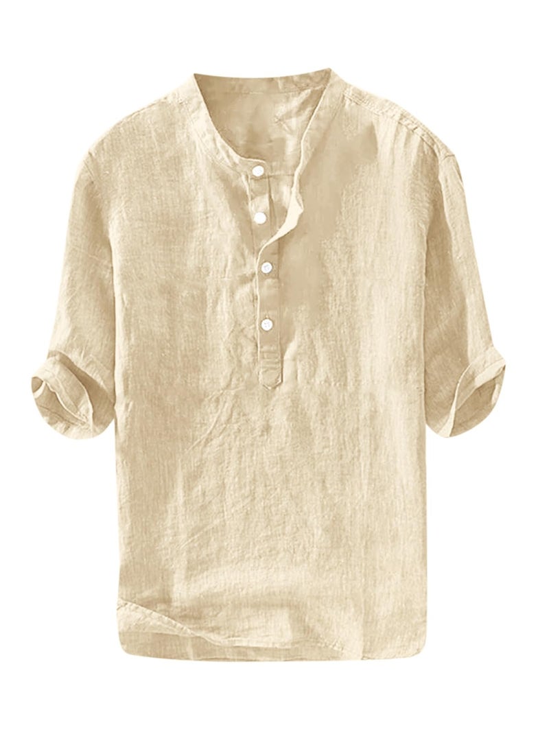 Ryannology Mens Linen Shirts Henley 3/4 Sleeve Casual Cotton T-Shirt Regular-Fit Lightweight Beach Yoga Tunic Tops - Image 1