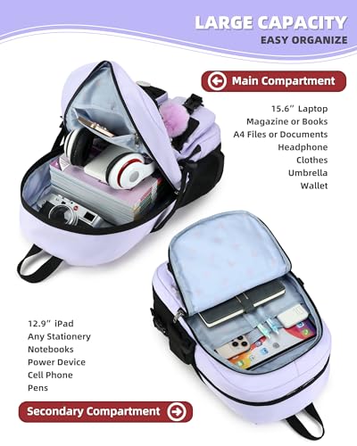 Hidds Laptop Backpacks 15.6 Inch School Bag Elementary Middle High College Backpack Cute Bookbags Anti Theft Travel Back Pack Casual Daypack Kids Book Bag for Teens Girls Women Students-Purple Black - Image 3