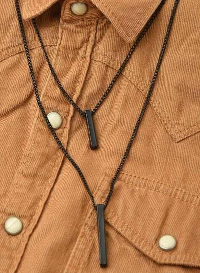 CrownLit Matching Black Metal Bar Pendant Necklace Set for Couples, Double Chain Design - Image 3