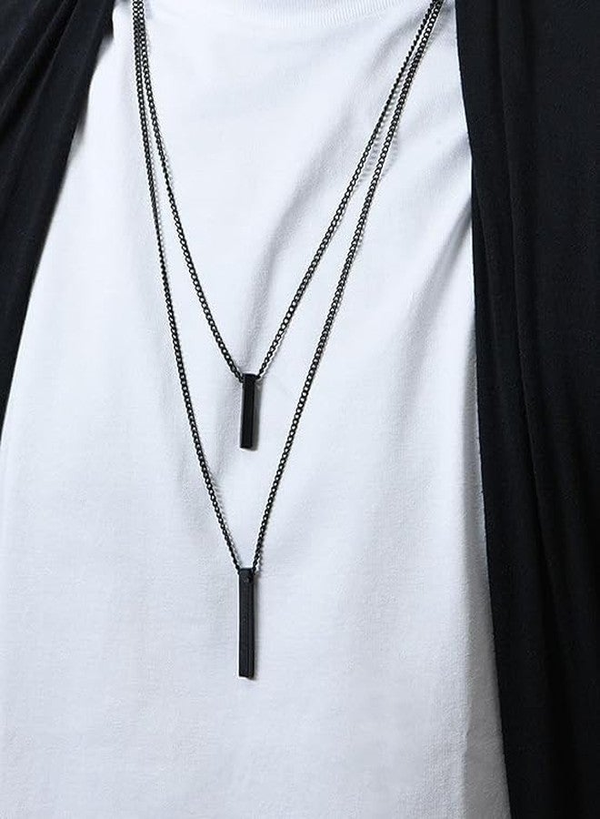 CrownLit Matching Black Metal Bar Pendant Necklace Set for Couples, Double Chain Design - Image 4