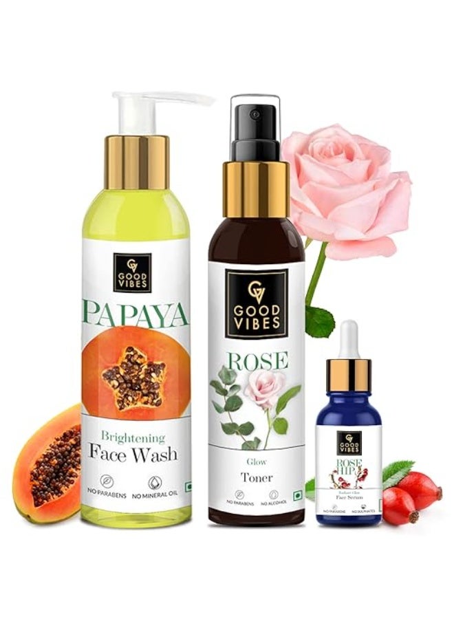 Good Vibes Skincare Combo For Glowing Skin | Papaya Brightening Face Wash 120 ml, Rose Glow Toner 120 ml, Rose Hip Radiant Glow Face Serum 10 ml | Suitable For All Skin Types | No Parabens & Sulphates - Image 1