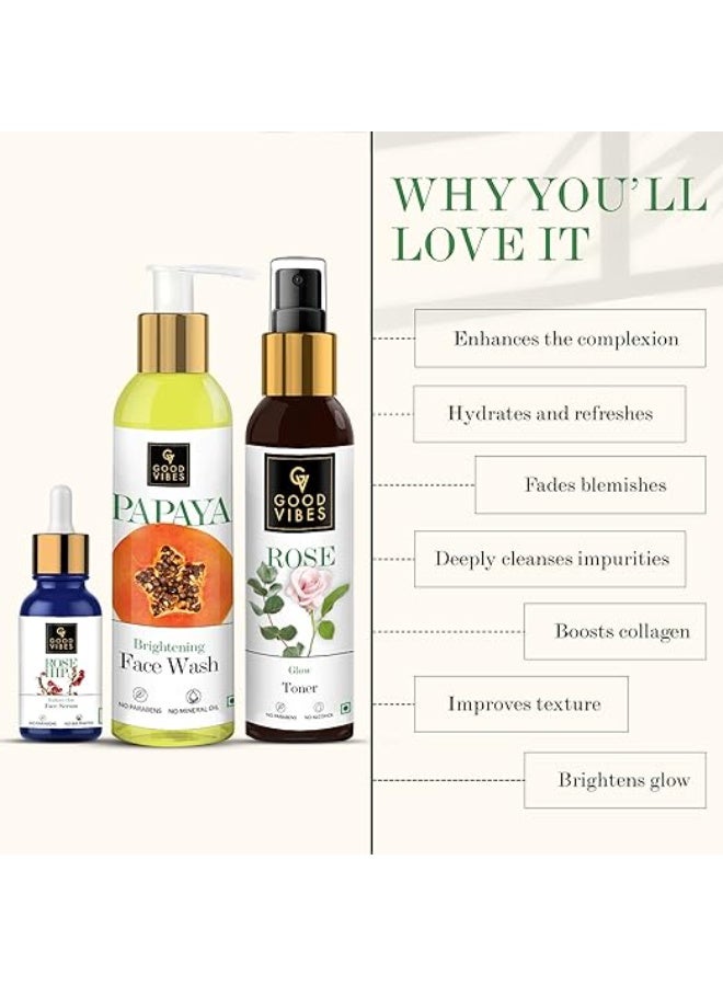 Good Vibes Skincare Combo For Glowing Skin | Papaya Brightening Face Wash 120 ml, Rose Glow Toner 120 ml, Rose Hip Radiant Glow Face Serum 10 ml | Suitable For All Skin Types | No Parabens & Sulphates - Image 2