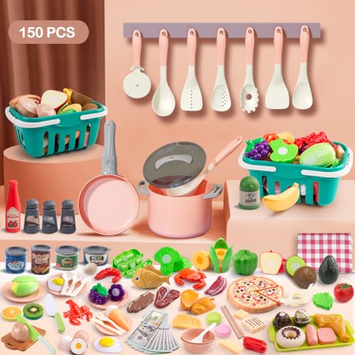 JOKERKING 150Pcs Kitchen Playset Toddlers Pretend Cooking Cookware Accessories Food Picnic Blanket Fruits Veges 2Pack Shopping Storage Basket Dessert and Prop Money Gift for Kids Pink - Image 5