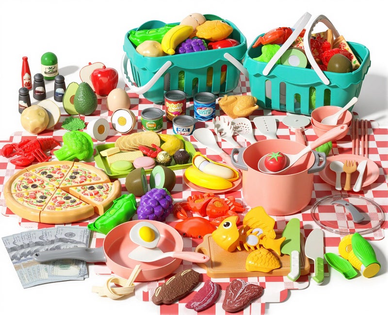 JOKERKING 150Pcs Kitchen Playset Toddlers Pretend Cooking Cookware Accessories Food Picnic Blanket Fruits Veges 2Pack Shopping Storage Basket Dessert and Prop Money Gift for Kids Pink - Image 3