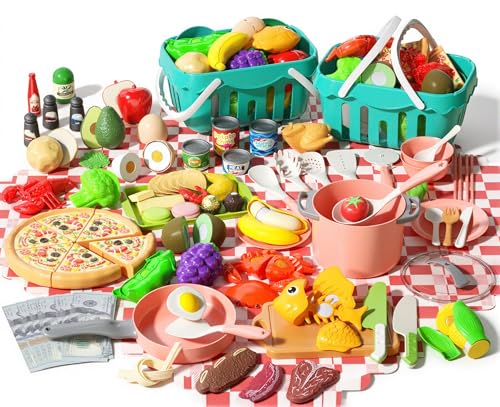 JOKERKING 150Pcs Kitchen Playset Toddlers Pretend Cooking Cookware Accessories Food Picnic Blanket Fruits Veges 2Pack Shopping Storage Basket Dessert and Prop Money Gift for Kids Pink - Image 1