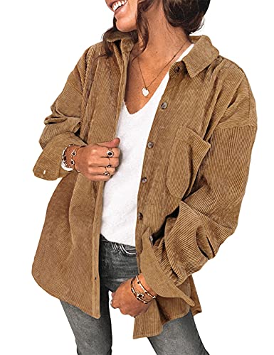 Saslax Womens Corduroy Shirt Long Sleeve Oversized Button Up V Neck Blouses Tops Loose Shacket Jacket with Pockets Brown M - Image 1