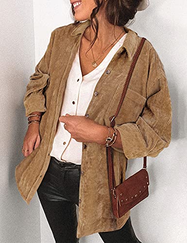 Saslax Womens Corduroy Shirt Long Sleeve Oversized Button Up V Neck Blouses Tops Loose Shacket Jacket with Pockets Brown M - Image 2