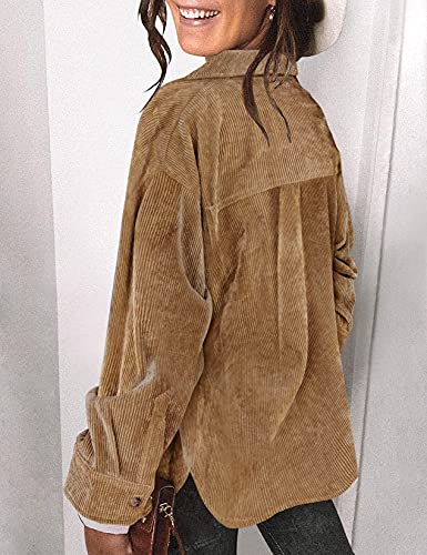 Saslax Womens Corduroy Shirt Long Sleeve Oversized Button Up V Neck Blouses Tops Loose Shacket Jacket with Pockets Brown M - Image 5