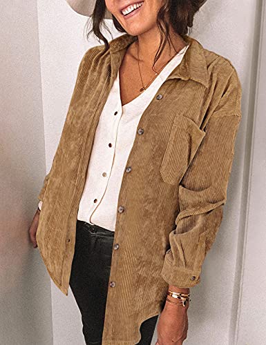 Saslax Womens Corduroy Shirt Long Sleeve Oversized Button Up V Neck Blouses Tops Loose Shacket Jacket with Pockets Brown M - Image 3