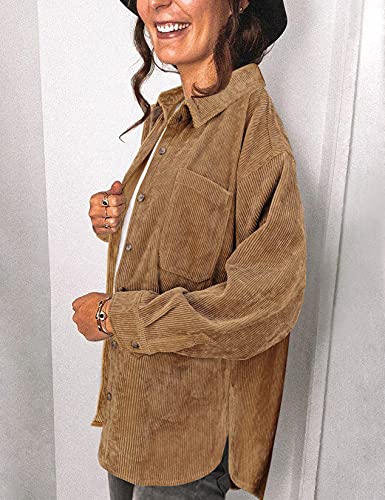 Saslax Womens Corduroy Shirt Long Sleeve Oversized Button Up V Neck Blouses Tops Loose Shacket Jacket with Pockets Brown M - Image 4