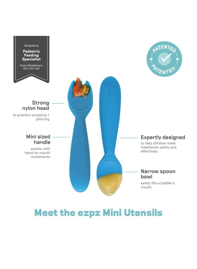 ezpz Mini Utensils - 12 Months+ (Fork & Spoon in Blue) - 100% BPA Free Fork and Spoon - Toddler Utensils - Designed by a Pediatric Feeding Specialist - Image 3
