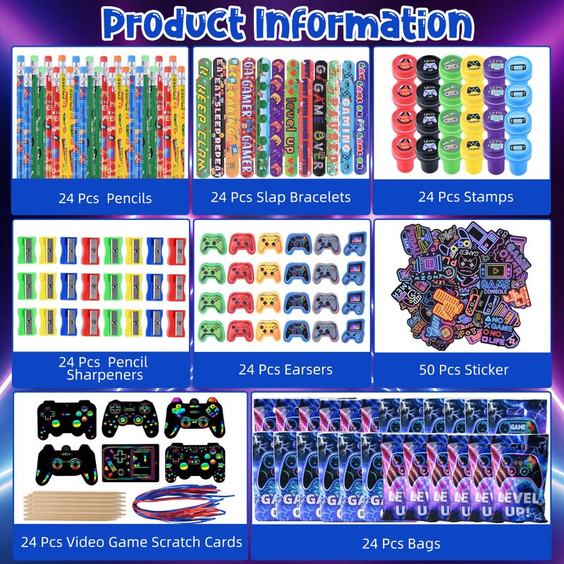 Ulema 218 Pcs Video Game Party Favors With Video Game Pencils Pencil Sharpener Slap Bracelets Stickers and Erasers for Video Game Gamer Birthday Party Supplies - Image 2