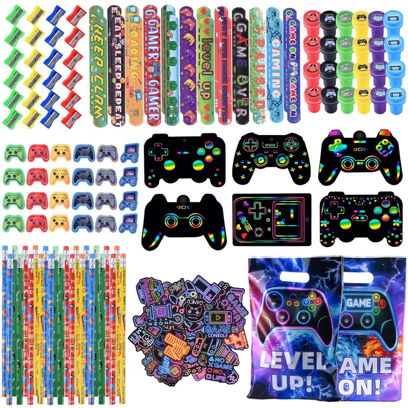 Ulema 218 Pcs Video Game Party Favors With Video Game Pencils Pencil Sharpener Slap Bracelets Stickers and Erasers for Video Game Gamer Birthday Party Supplies - Image 1