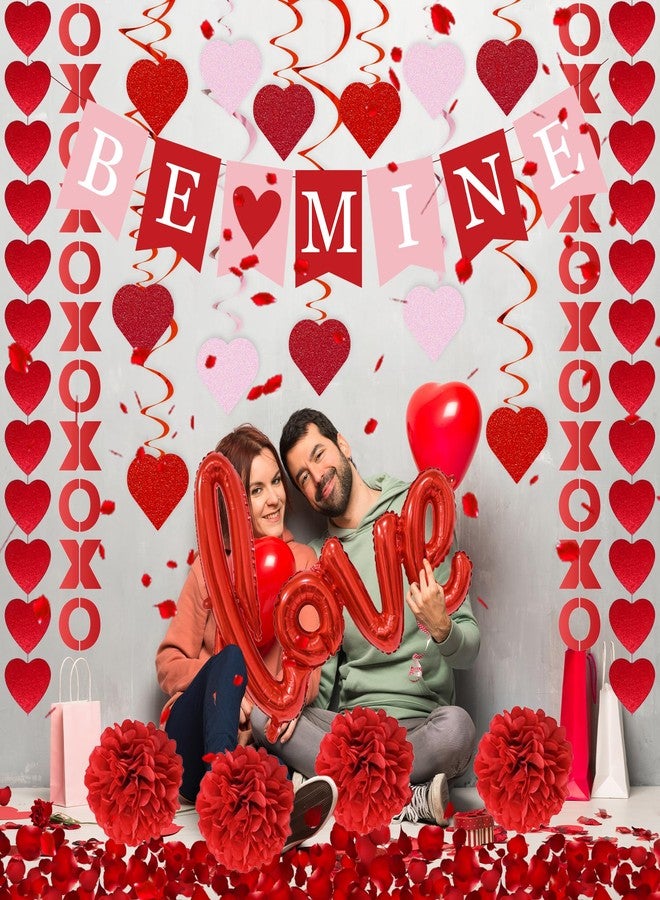 DMIGHT DIMIGHT Red Valentine's Day Decoration Set, BE MINE Banner, Love Heart XO Garlands, Rose Petals, Hanging Swirls, Foil Love Balloons For Party Home Classroom Wedding Bedroom Office - Image 3