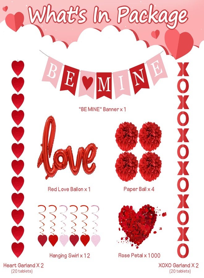 DMIGHT DIMIGHT Red Valentine's Day Decoration Set, BE MINE Banner, Love Heart XO Garlands, Rose Petals, Hanging Swirls, Foil Love Balloons For Party Home Classroom Wedding Bedroom Office - Image 2