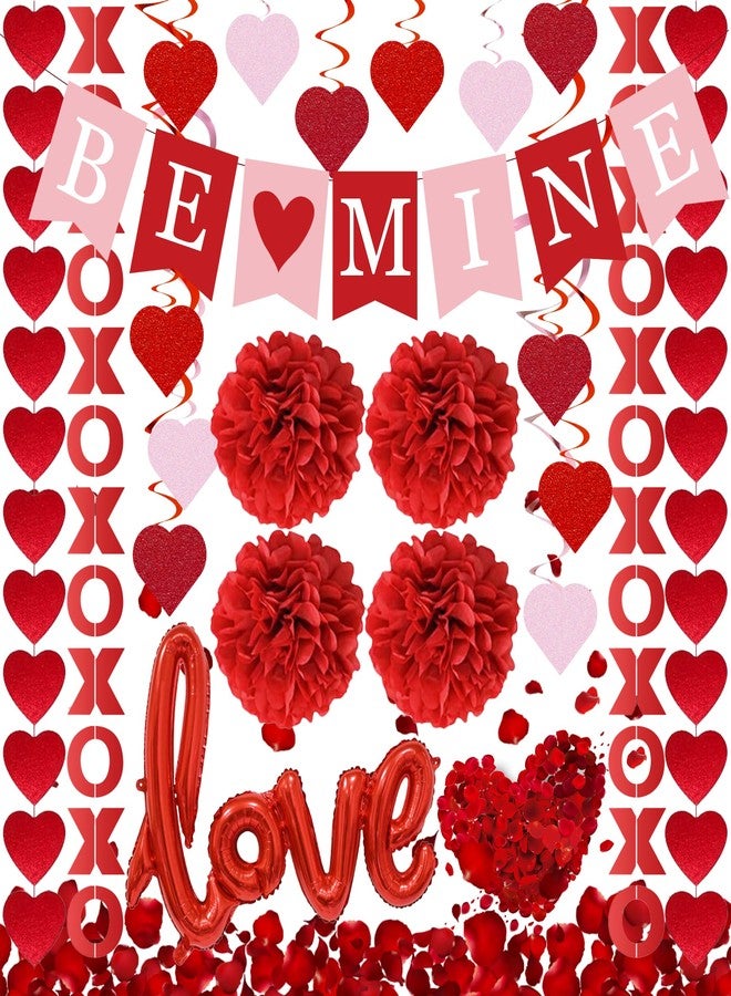 DMIGHT DIMIGHT Red Valentine's Day Decoration Set, BE MINE Banner, Love Heart XO Garlands, Rose Petals, Hanging Swirls, Foil Love Balloons For Party Home Classroom Wedding Bedroom Office - Image 1