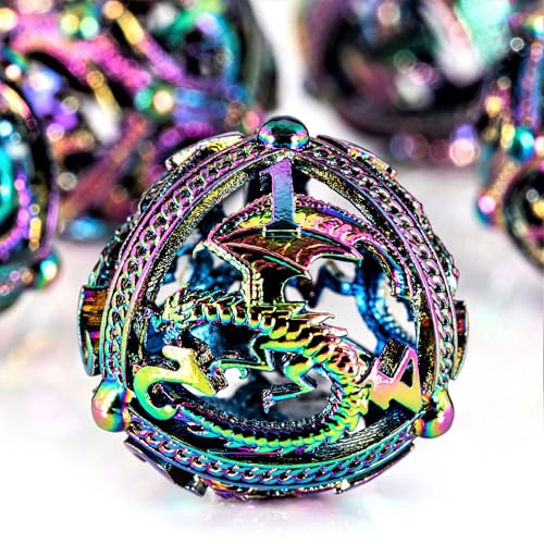 Soar Forge Metal DND Dice Set Unique Round Hollow Orb Design for Better Rolling Beautiful Dragon Set for Role Playing Games RPG Stunning DD Dungeons and Dragons Dice Rainbow - Image 1