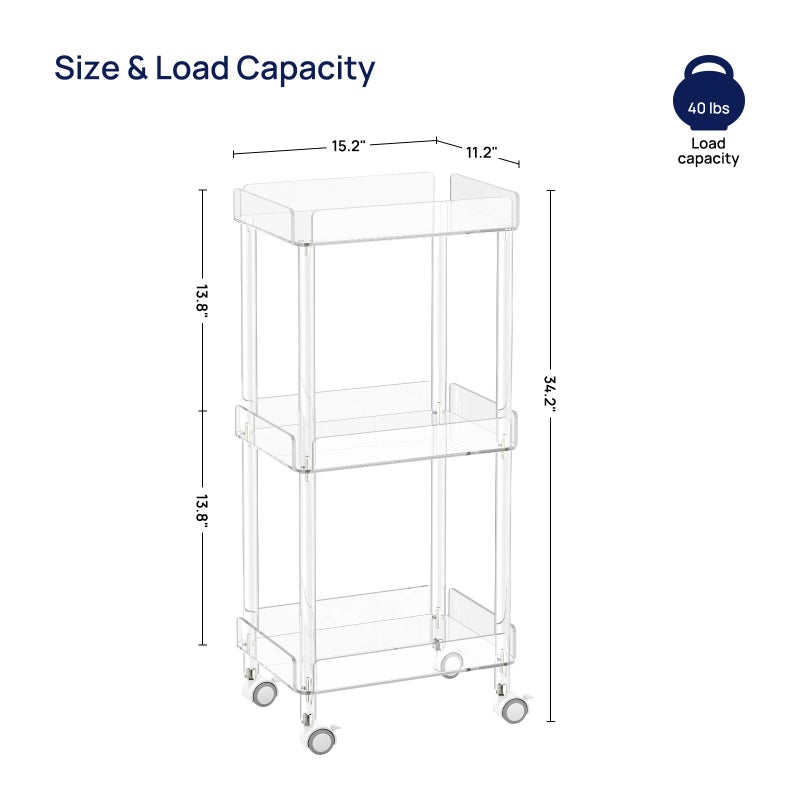 HMYHUM Small Acrylic Bar Cart, 15.2" L x 11.2" W x 34.2" H, 3 Tier Mini Rolling Serving Cart with 4 Lockable Wheels for Home Bar, Kitchen, Living Room, Modern, Clear - Image 3