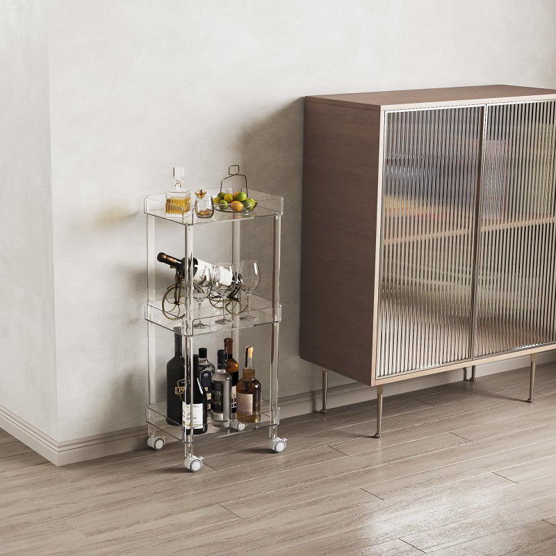HMYHUM Small Acrylic Bar Cart, 15.2" L x 11.2" W x 34.2" H, 3 Tier Mini Rolling Serving Cart with 4 Lockable Wheels for Home Bar, Kitchen, Living Room, Modern, Clear - Image 2