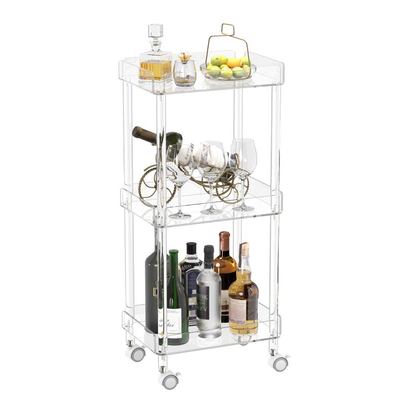 HMYHUM Small Acrylic Bar Cart, 15.2" L x 11.2" W x 34.2" H, 3 Tier Mini Rolling Serving Cart with 4 Lockable Wheels for Home Bar, Kitchen, Living Room, Modern, Clear - Image 1
