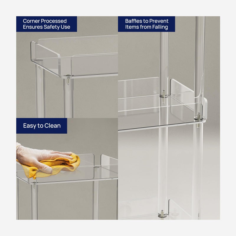 HMYHUM Small Acrylic Bar Cart, 15.2" L x 11.2" W x 34.2" H, 3 Tier Mini Rolling Serving Cart with 4 Lockable Wheels for Home Bar, Kitchen, Living Room, Modern, Clear - Image 4