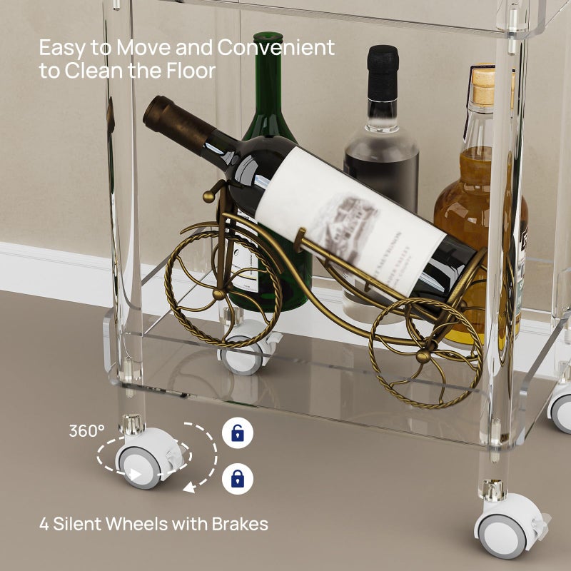 HMYHUM Small Acrylic Bar Cart, 15.2" L x 11.2" W x 34.2" H, 3 Tier Mini Rolling Serving Cart with 4 Lockable Wheels for Home Bar, Kitchen, Living Room, Modern, Clear - Image 5