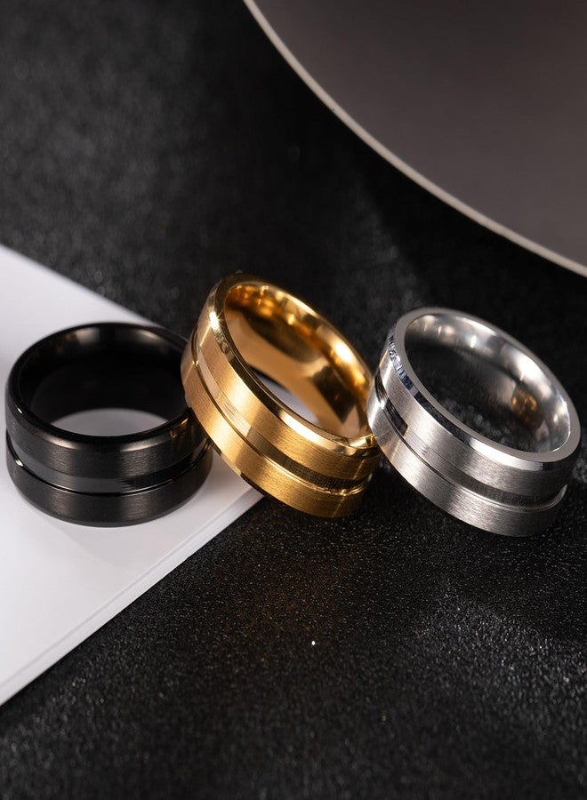 Corato 3PCS Stainless Steel Rings for Men, 8MM Titanium Rings for Men, Black Gold Silver Mens Wedding Band Set, Grooved Center Matte Brushed Finish Polished Ring Comfort Fit 10 - Image 5
