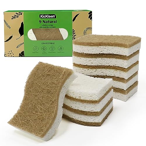 KICKLEEN 9 Pack Biodegradable Natural Kitchen Sponge - Compostable Cellulose and Coconut Walnut Scrubber Sponge - Eco Friendly Sustainable Sponges for Dishes - Image 1