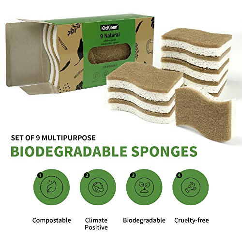 KICKLEEN 9 Pack Biodegradable Natural Kitchen Sponge - Compostable Cellulose and Coconut Walnut Scrubber Sponge - Eco Friendly Sustainable Sponges for Dishes - Image 2