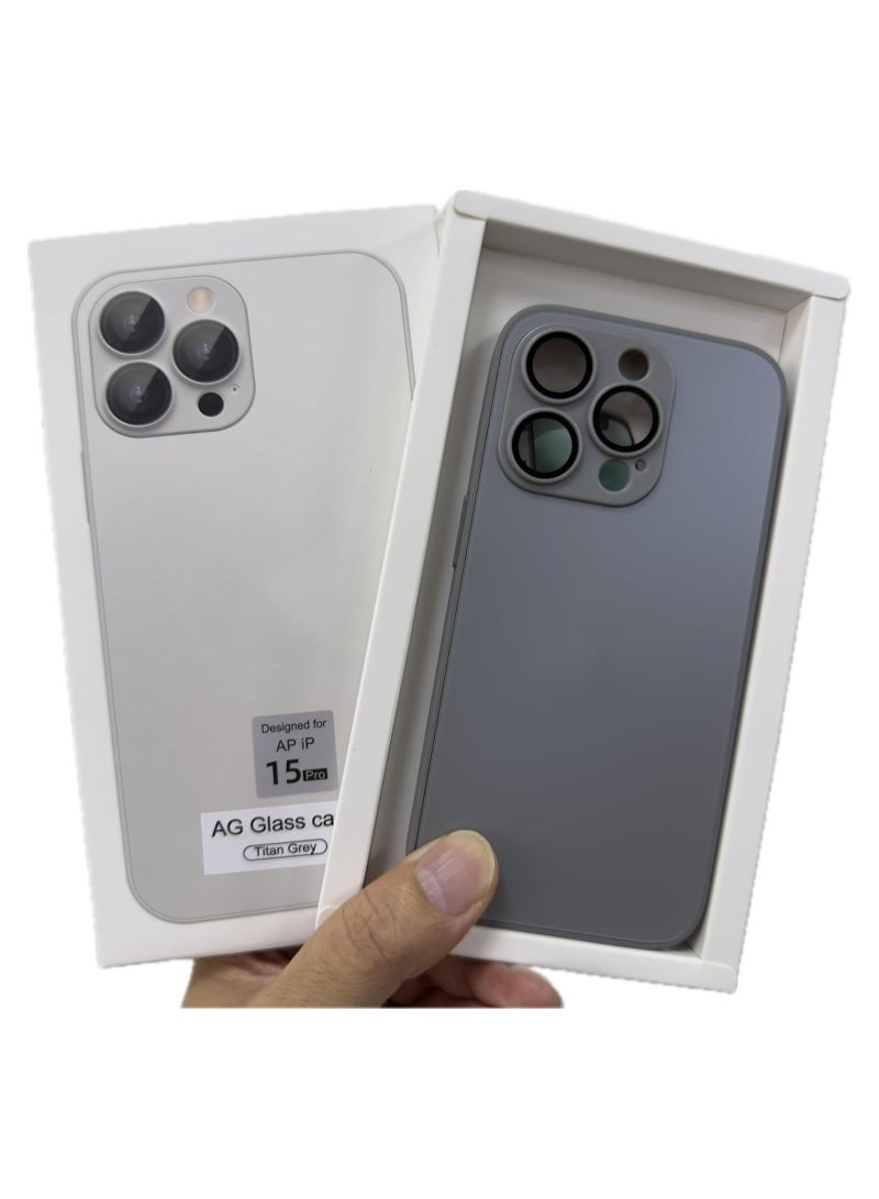 Compatible with iPhone 15 Pro Case[Full Camera Protection] Premium Matte Glass Shockproof Protective Phone Case Cover (Titan grey)