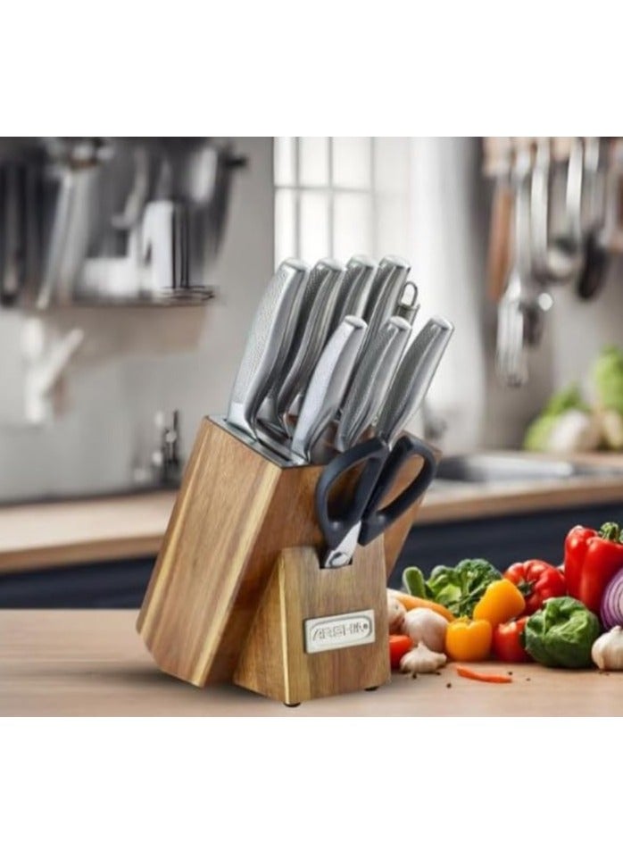 Arshia Professional knife set from the luxury Arshia collection, made of stainless steel, 9 pieces with an elegant wooden stand - Image 3