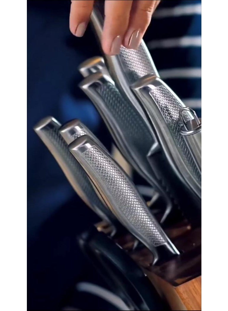 Arshia Professional knife set from the luxury Arshia collection, made of stainless steel, 9 pieces with an elegant wooden stand - Image 4
