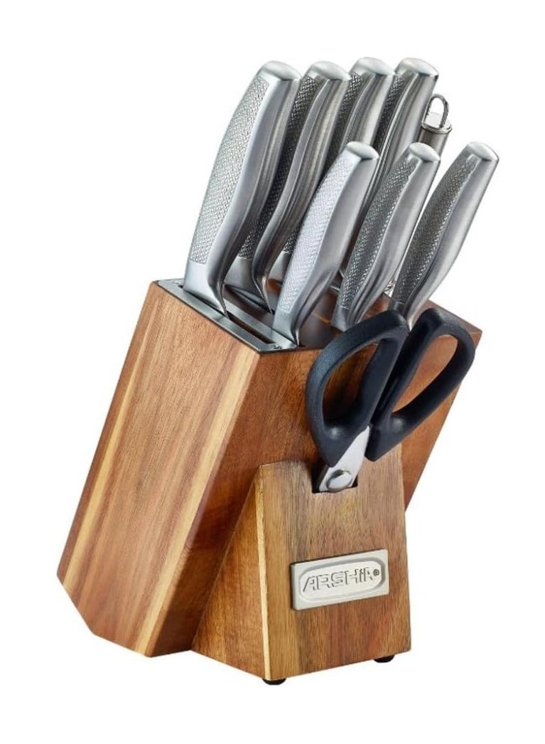 Arshia Professional knife set from the luxury Arshia collection, made of stainless steel, 9 pieces with an elegant wooden stand - Image 1