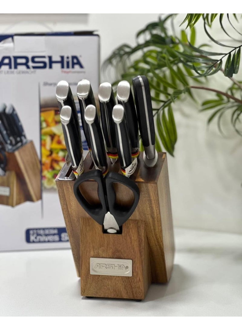 Arshia Professional knife set from the luxury Arshia collection, made of stainless steel, 9 pieces with an elegant wooden stand - Image 2