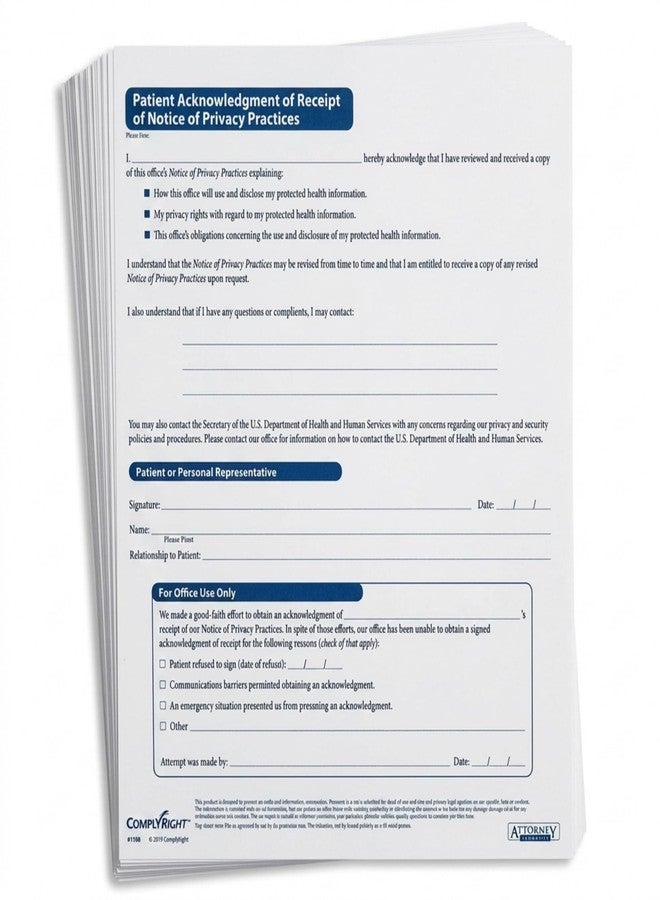 ComplyRight HIPAA Patient Ack. of Receipt of Notice of Privacy Practices | 8-1/2” x 11” | Medical Form | 200 Pack - Image 1