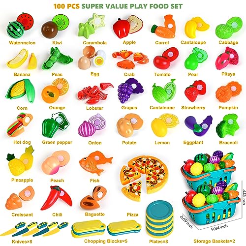 BAODLON 100 Pcs Play Food Set for Kids Kitchen, Pretend Food Toy for Toddlers Age 1-3, Plastics Cutting Fake Food/ Fruit/ Vegetable Accessories with 2 Baskets, Birthday Gifts for 2 3 4 5 Years Old Boys Girls - Image 2
