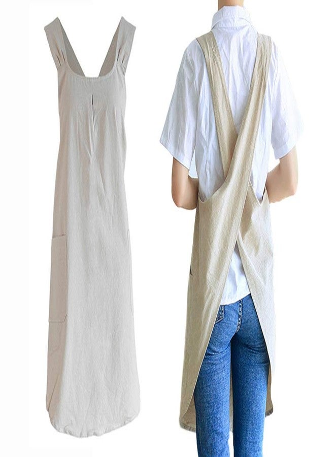 losofar Soft Cotton Linen Apron Cross Back X-Shaped Japanese Style Pinafore Dress for Cooking, Housewarming, Daily Chores (khaki, (28.3"x 35.4")) - Image 1