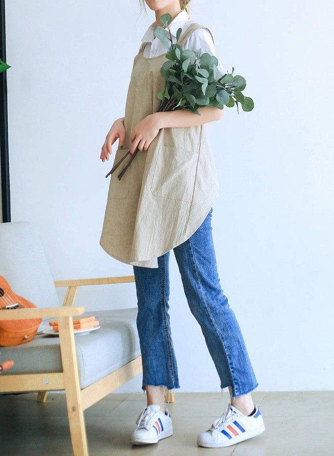 losofar Soft Cotton Linen Apron Cross Back X-Shaped Japanese Style Pinafore Dress for Cooking, Housewarming, Daily Chores (khaki, (28.3"x 35.4")) - Image 4