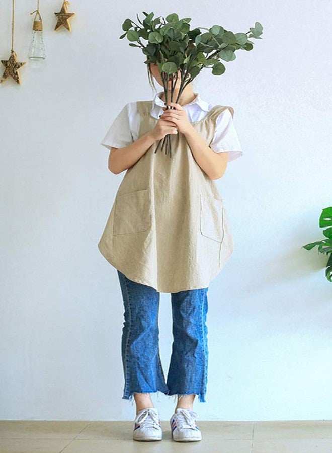 losofar Soft Cotton Linen Apron Cross Back X-Shaped Japanese Style Pinafore Dress for Cooking, Housewarming, Daily Chores (khaki, (28.3"x 35.4")) - Image 5