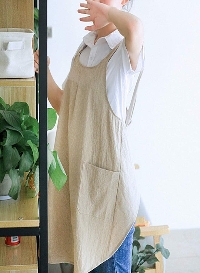 losofar Soft Cotton Linen Apron Cross Back X-Shaped Japanese Style Pinafore Dress for Cooking, Housewarming, Daily Chores (khaki, (28.3"x 35.4")) - Image 3