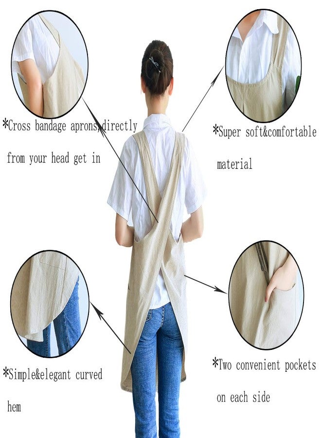 losofar Soft Cotton Linen Apron Cross Back X-Shaped Japanese Style Pinafore Dress for Cooking, Housewarming, Daily Chores (khaki, (28.3"x 35.4")) - Image 2