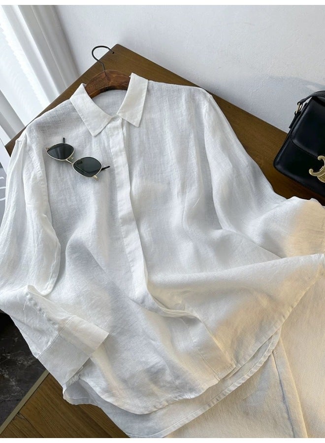 100 Flax! 1996! Plant Dye Simple Elegant Basic Solid Color Loose Long-sleeved Shirt Top For Women Spring
