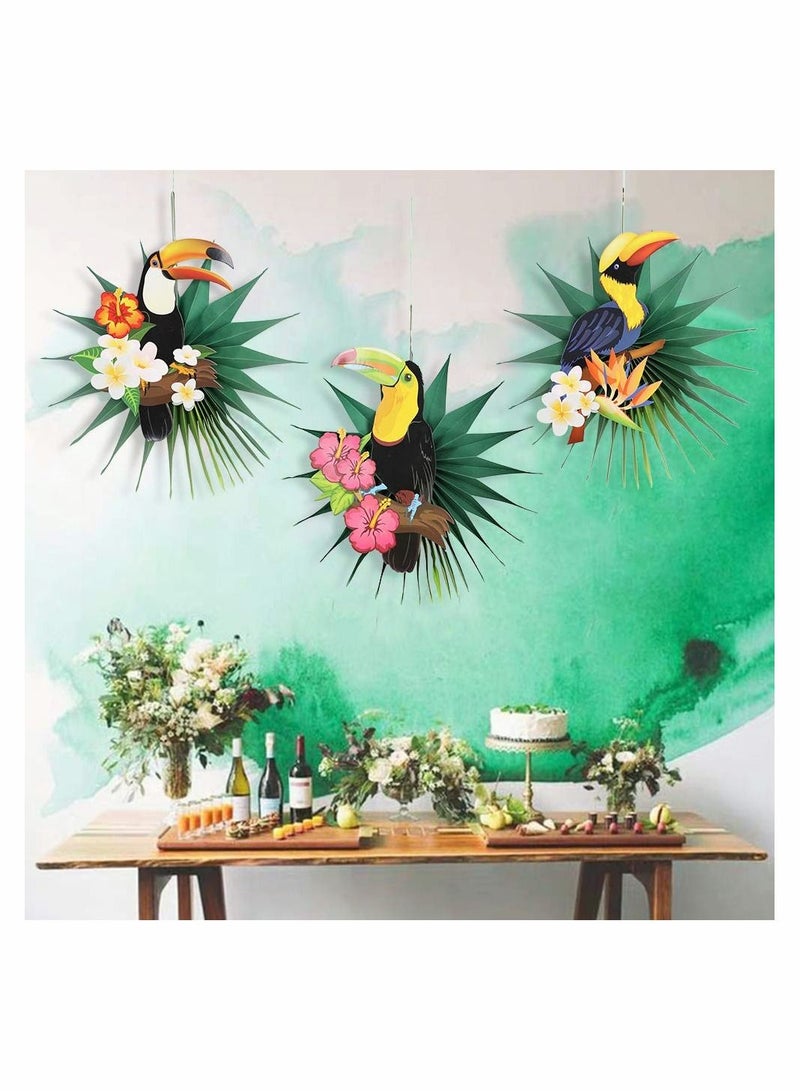 Loquat DIY Tropical Bird Palm Leaves Paper Fans Centerpiece Wall Hanging Decorations Summer Party Supplies Easy Joy Birds Rainforest (3Pcs) - Image 3